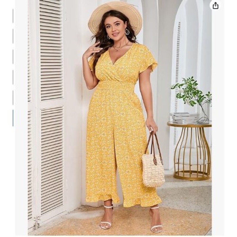 Women’s Summer One Piece Jumpsuits Size 4XL Loose Short Sleeve Plus Size Yellow
